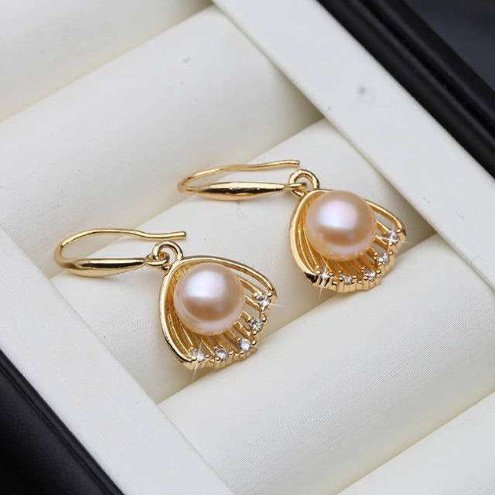 Designer Genuine Freshwater "Pearl in Shell" Dangle Earrings in Gold-3